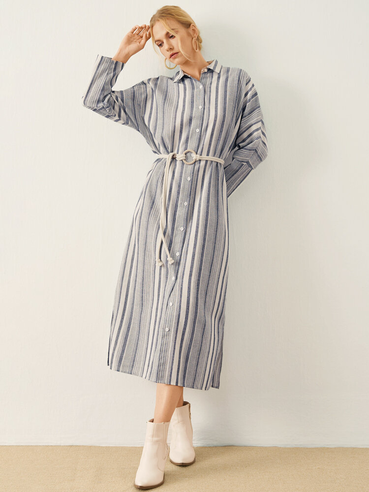 Stripe Pattern Long Sleeve Button Slit Hem Maxi Dress