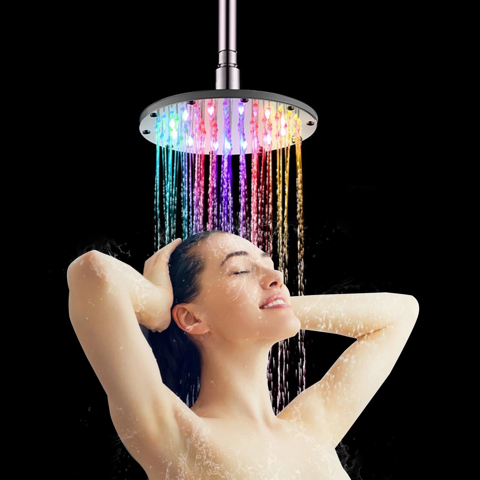 6/8/10 Inch LED Rainfall Shower Head Round Shower Head Automatically RGB Color-Changing Temperature Sensor Showerhead fo