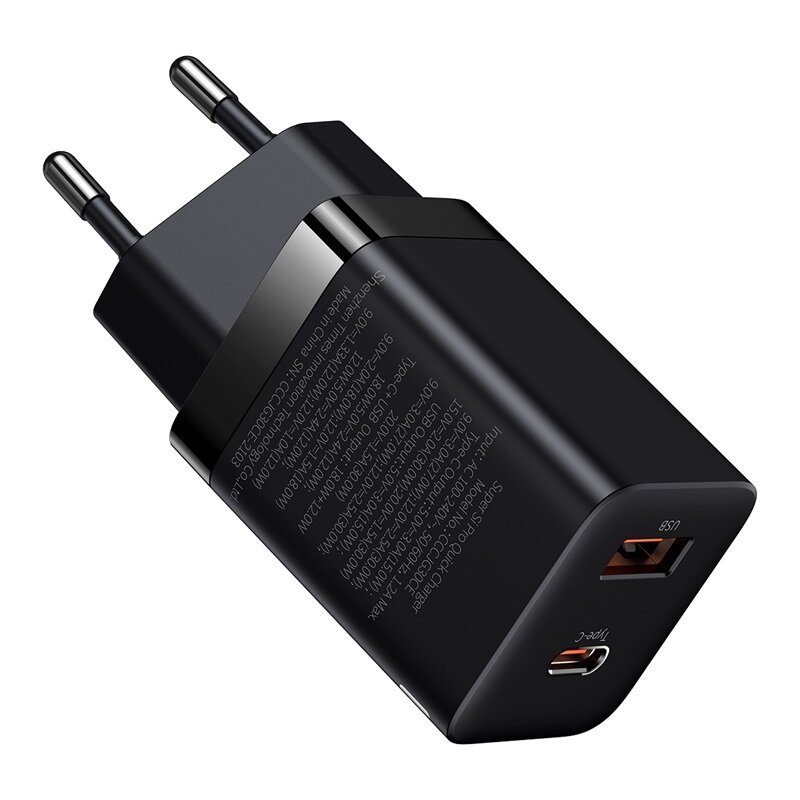 

Baseus 30W 2-Port USB PD Charger USB-A+USB-C PD3.0 QC3.0 Apple2.4 BC1.2 Fast Charging Wall Charger Adapter EU Plug for i