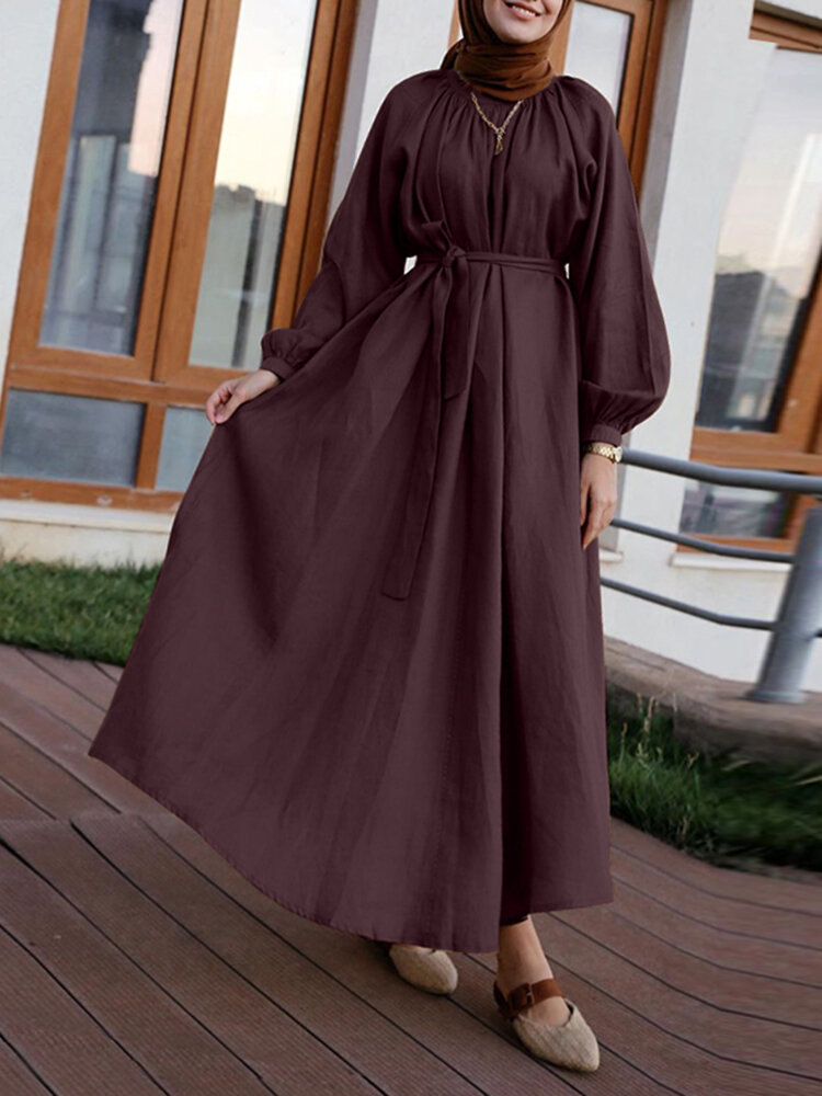 Vintage effen kleur O-hals Lace Up knop terug lange mouwen gordel Kaftan maxi jurk