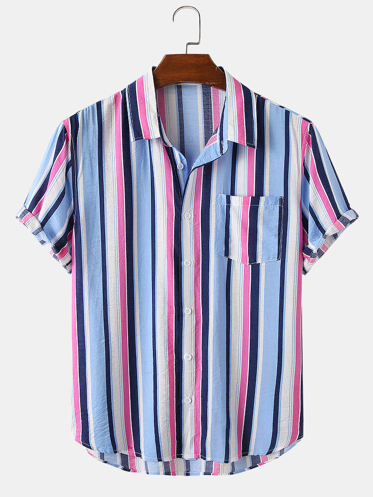 

Casual Mens Vertical Stripes Colorful Print Lapel Collar Short Sleeve Shirts
