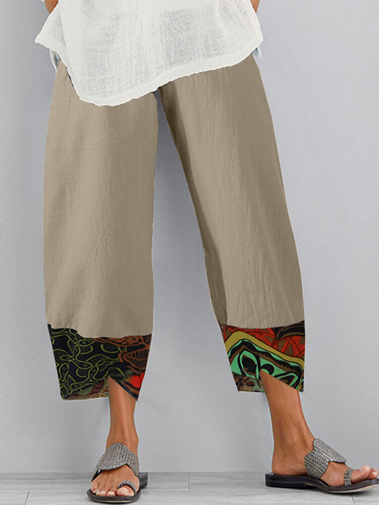 Ethnic Print Patchwork Elastic Waist Side Pocket Irregular Hem Pants For Women