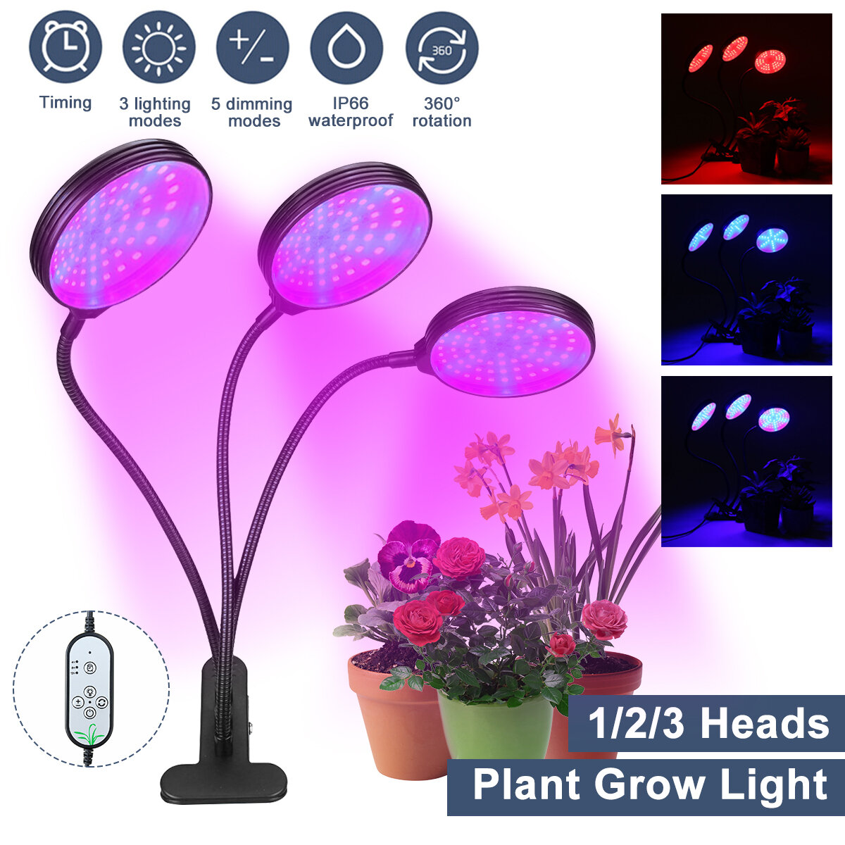 1/2/3 رأس النبات ينمو ضوء رئيس LED مصباح الزراعة المائية الدفيئة حديقة 360 درجة مرنة عكس الضوء داخلي