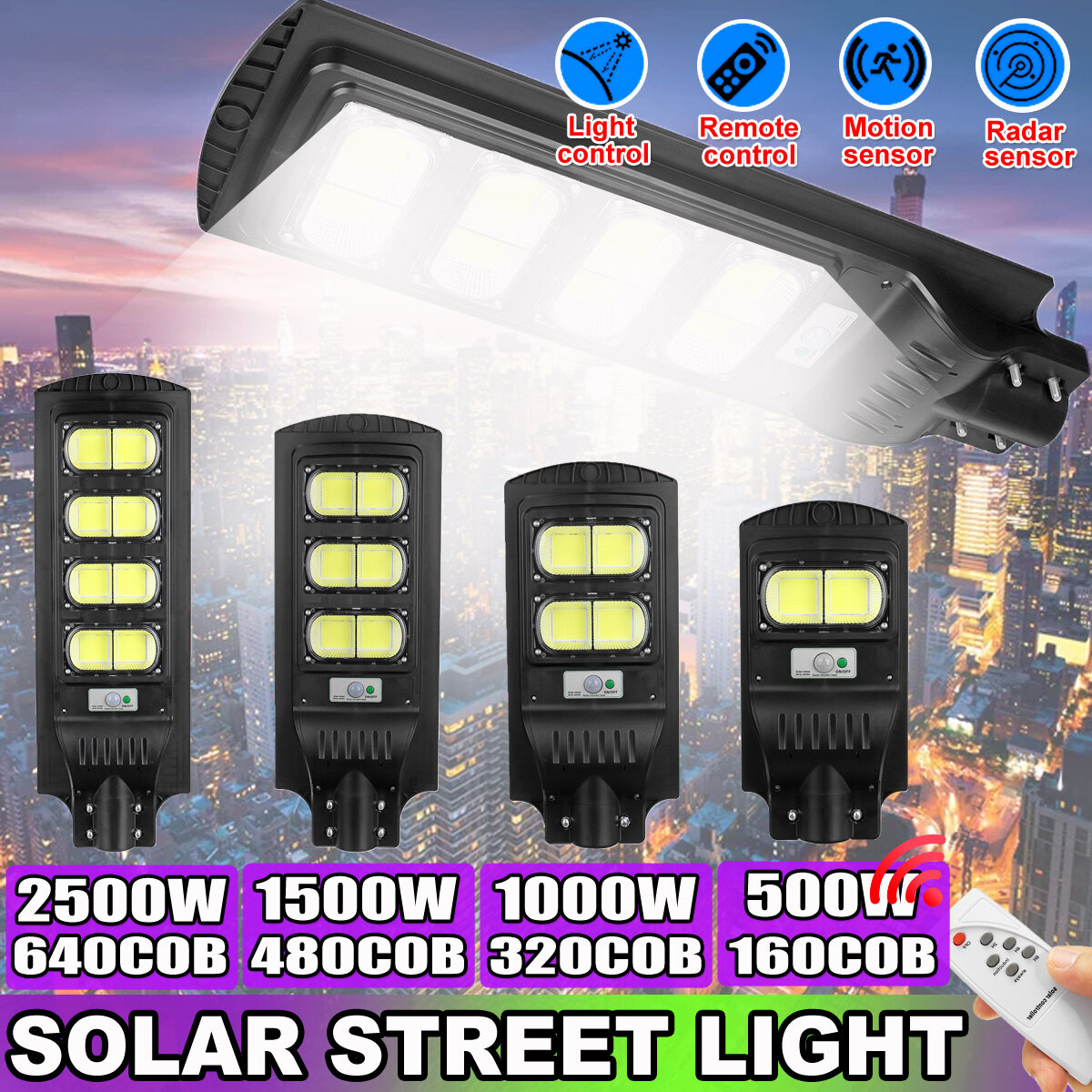 160/320/480/640COB LED Solar Street Light PIR Motion Sensor Outdoor Wall Lamp With Remote Control