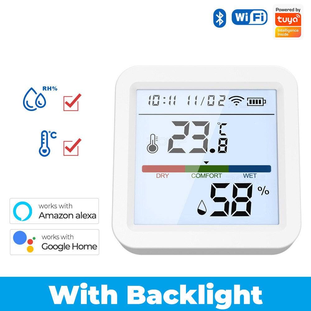 

Smart Wifi bluetooth/Zigbe Temperature Humidity Sensor with Backlight Real-Time Monitoring High Accuracy Adjustable Stan