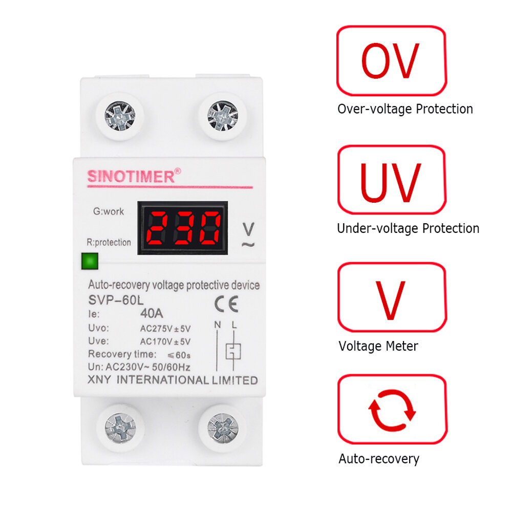 SINOTIMER SVP-60L 230V AC 40A Digital Din Rail Automatic Recovery Over Under Voltage Protector with Voltmeter Display