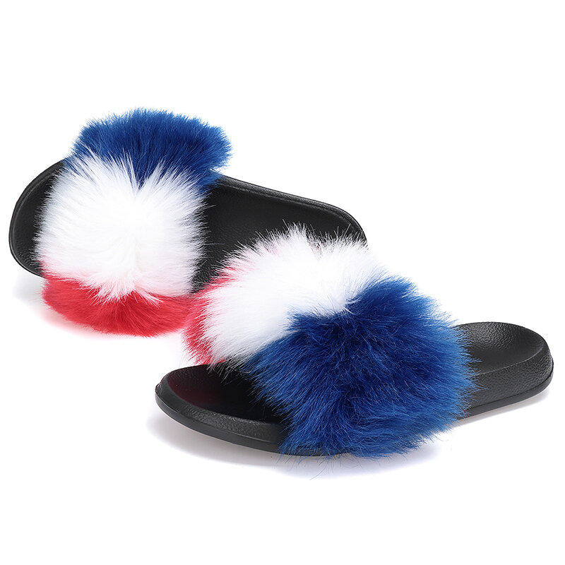 Womens Fur Plush Fuzzy Furry Sliders Slippers Sandals Flip Flops Flat Shoes