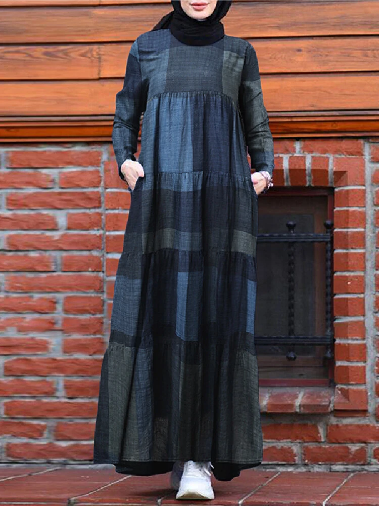 Women kaftan tunic plaid print back zipper long sleeve maxi layered dress