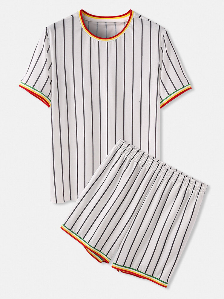 Mens Vertical Stripes Short Sleeve Elastic Waist Home Casual Two Piece Pajama Set