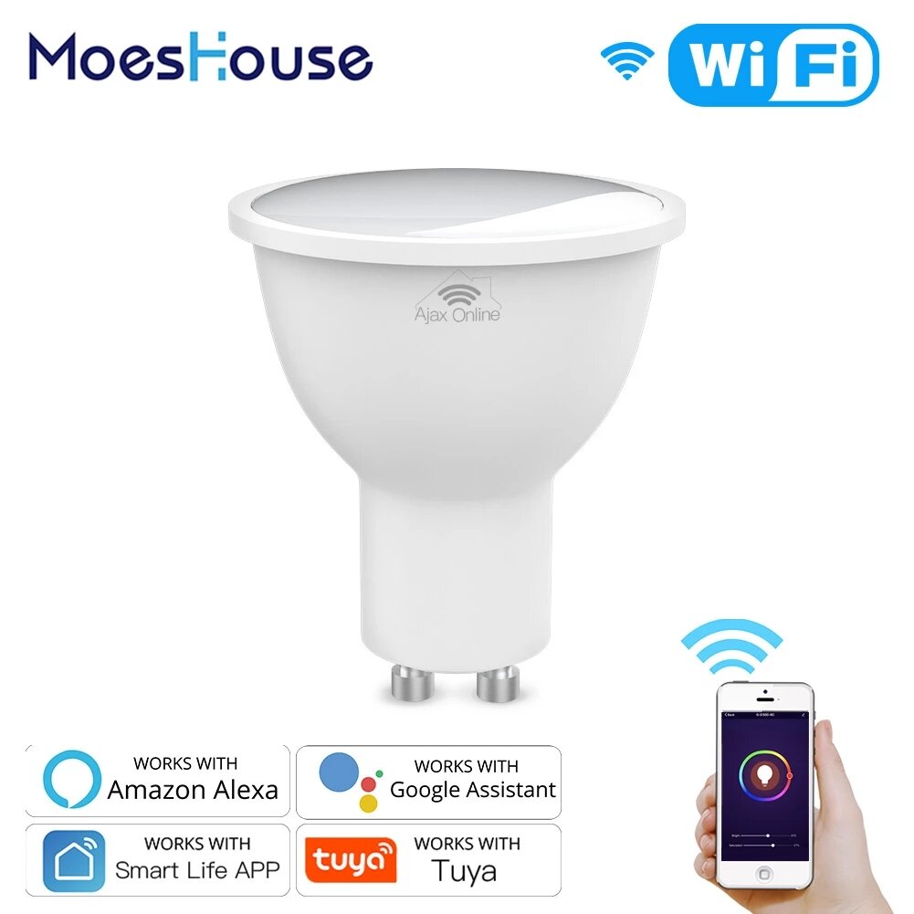 

MoesHouse RGB+CW+WW GU10 WiFi Smart LED Bulb Smart Life Tuya 4.5W Dimmable Lamp Work with Alexa Google Home AC100-250V