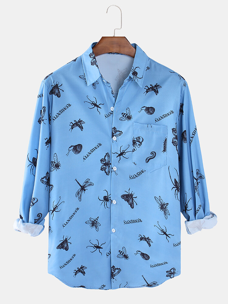 Heren insectenprint borstzak revers casual shirts met lange mouwen