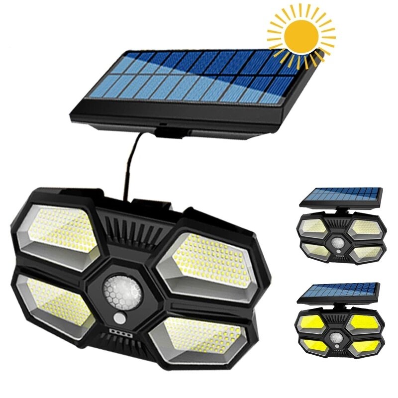 

108/180LED COB Solar Lights Outdoor 4 Heads Motion Sensor 270° Wide Angle Illumination Waterproof Remote Control Wall La