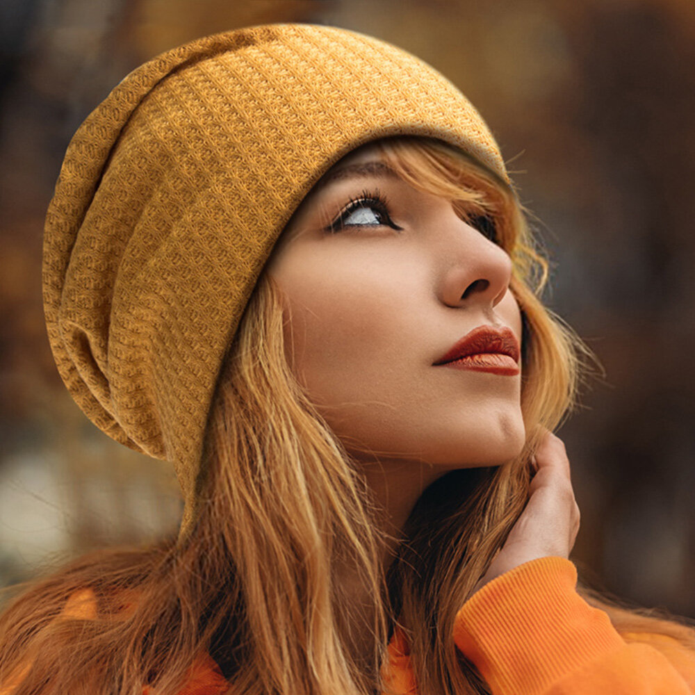 Women Autumn Winter Warmth Plaid Pattern Knitted Hat Baotou Hat Soft Breathable Elastic Adjustable B