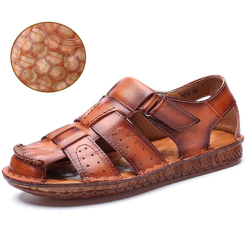 55% OFF on Men Cow Leather Non Slip Soft Sole Hook Loop Closed Toe Casual Sandals
