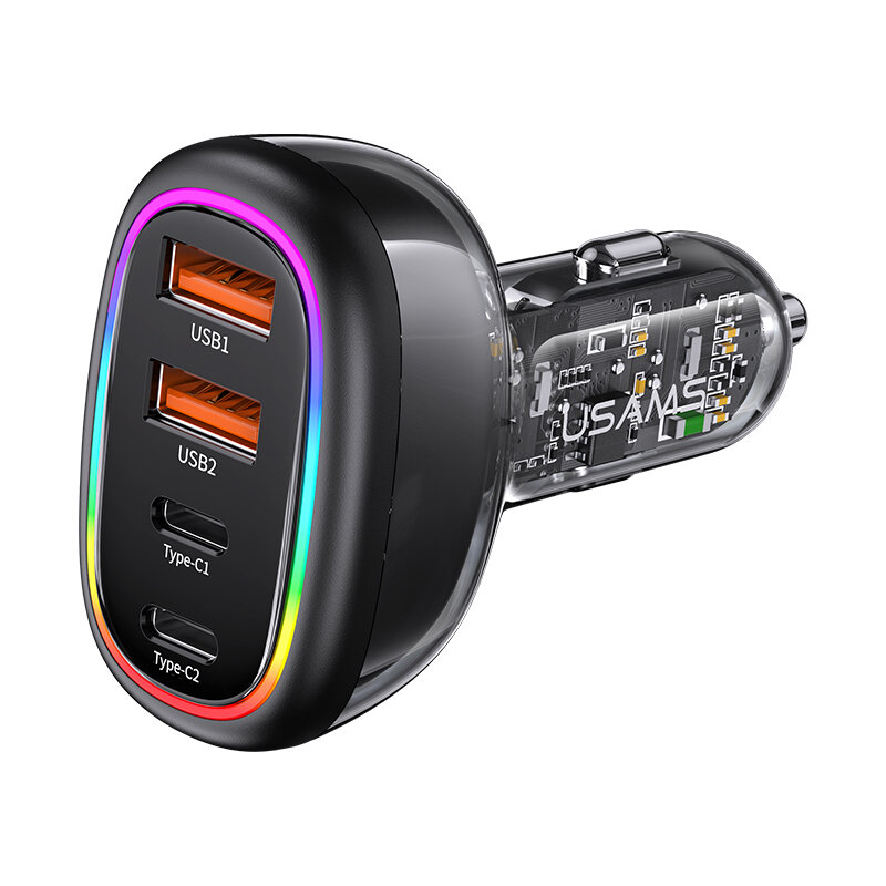 

USAMS 120W Fast Car Charger with PD30W QC3.0 USB Type-C AACC Four Port Quick Charging Colorful Backlit Light Transparent