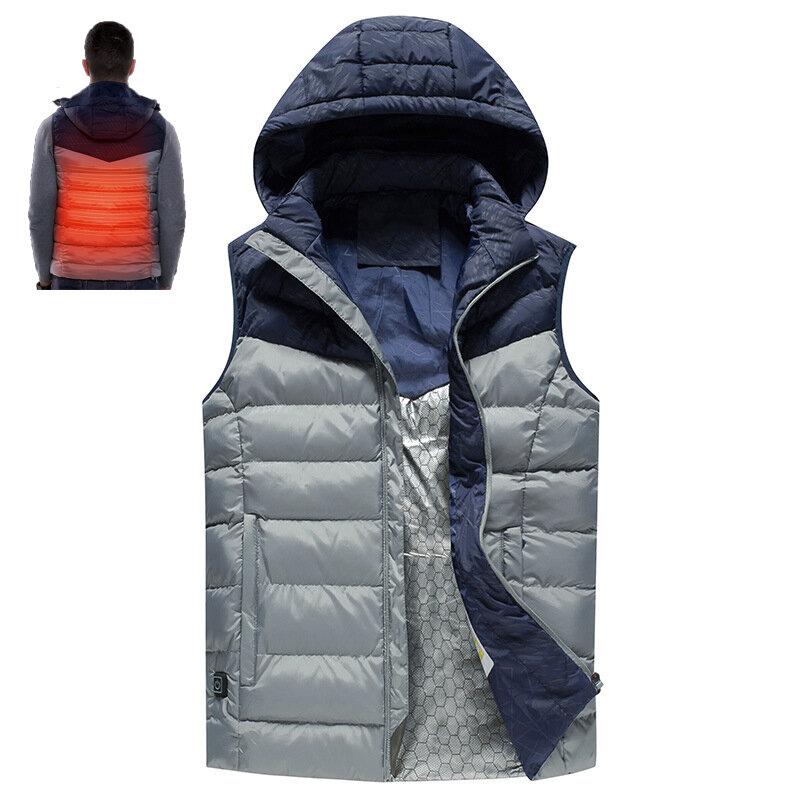 A jaqueta elétrica masculina TENGOO possui 3 modos, carregamento USB, aquecimento nas costas, leve, lavável e colete térmico para o inverno.