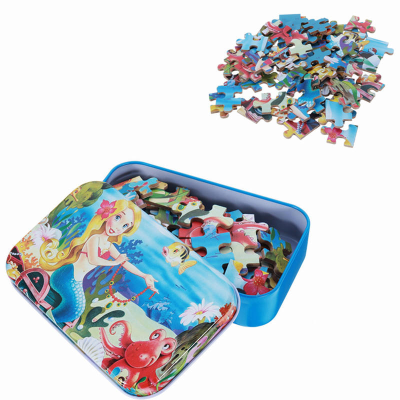 60pcs DIY Puzzle Mermaid Cartoon 3D Jigsaw With Tin Box Kids Children Educational Gift Collection To