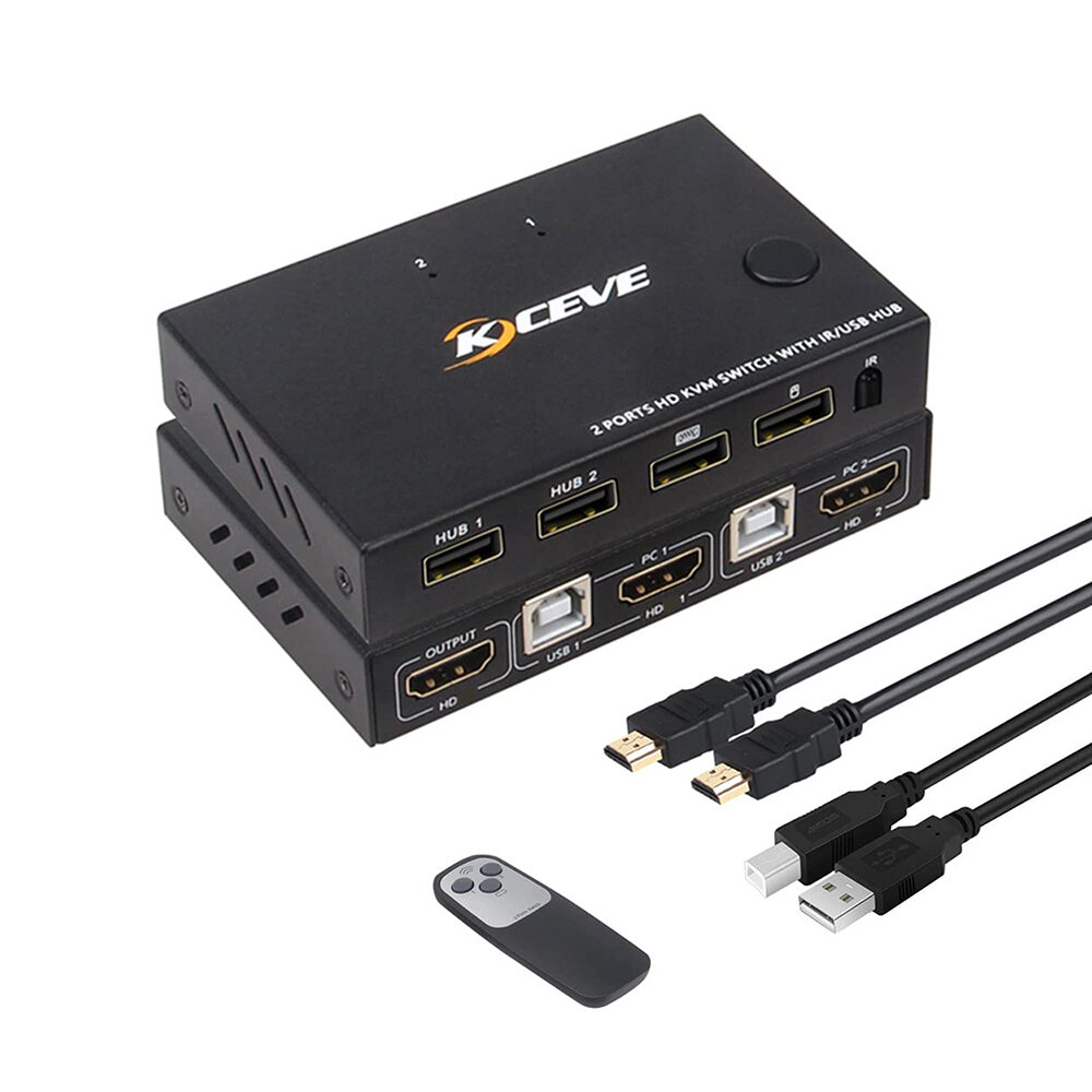 

KCEVE USB HD KVM Switch Selector 2 Ports 2 in 2 Out USB HUB Switch with Remote Control for Mouse Keyboard Scanner Printe