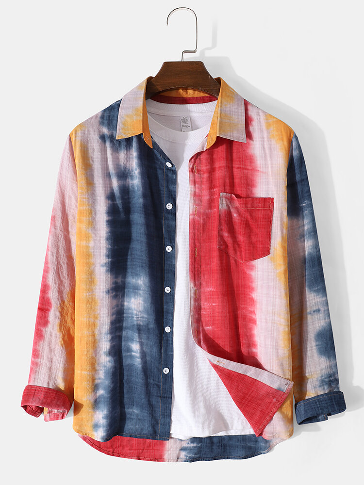 

Mens Multi Color Tie Dye Printing Lapel Street Long Sleeve Shirts