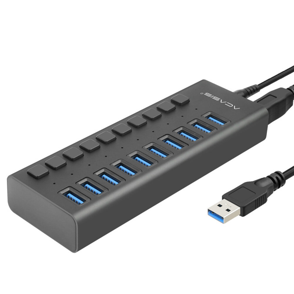 

USB 3.0 Hub Fast Speed Splitter,10 Port USB Data Hub with Power Adapter,Individual On/Off Switches and Lights for Laptop