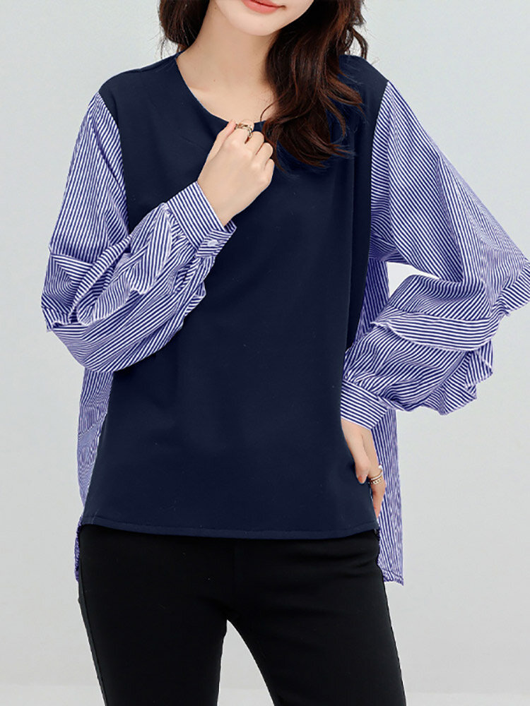 Stripe Patchwork High-low Long Sleeve Crew Neck Blouse