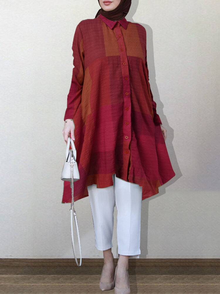 Women Plaid Printed Lapel High-low?Hem Long Sleeve Kaftan Robe Blouses