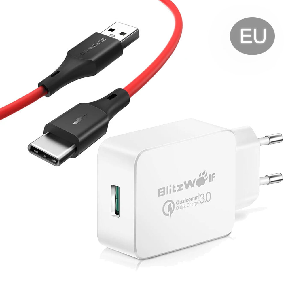 BlitzWolf®BW-S5QC3.018WUSB充電器USBQC3.0 FCP SCP急速充電ウォールチャージャーアダプターEUプラグ（3フィート/ 0.9m）BW-TC14 3A USBType-Cケーブル
