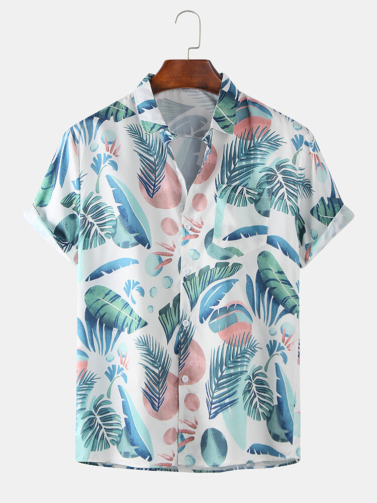 

Mens Tropical Plant Leaves Print Turn Down Collar Short Sleeve Hawaii Holiday Shirts