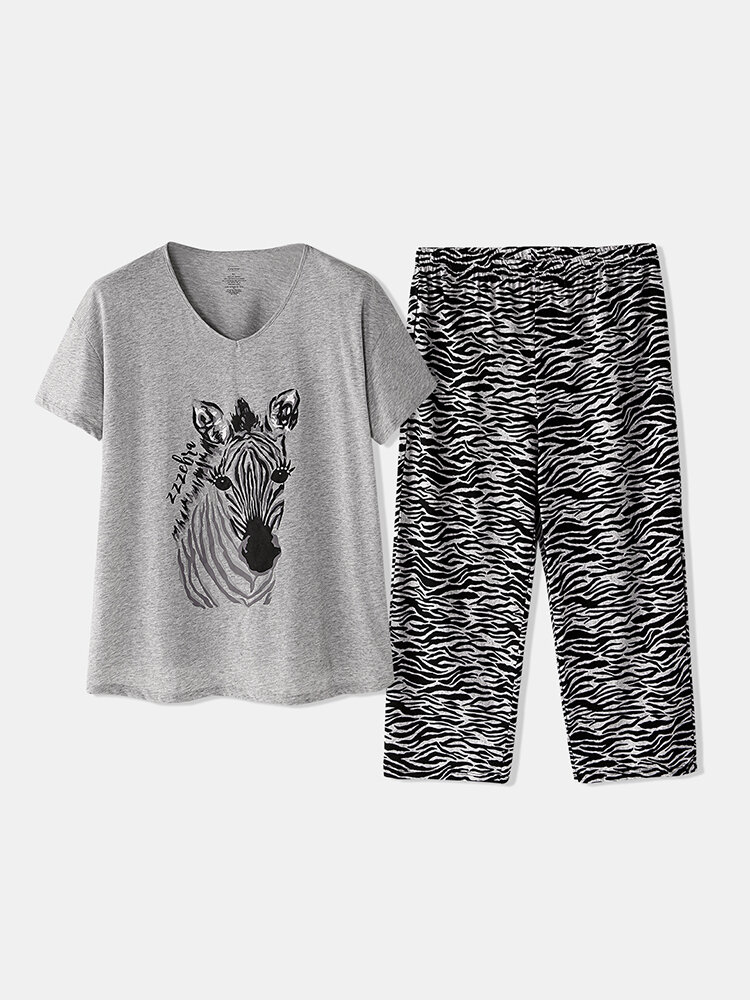 Plus Size Dames Home Cotton Zebra Print V-hals Pyjama met korte mouwen