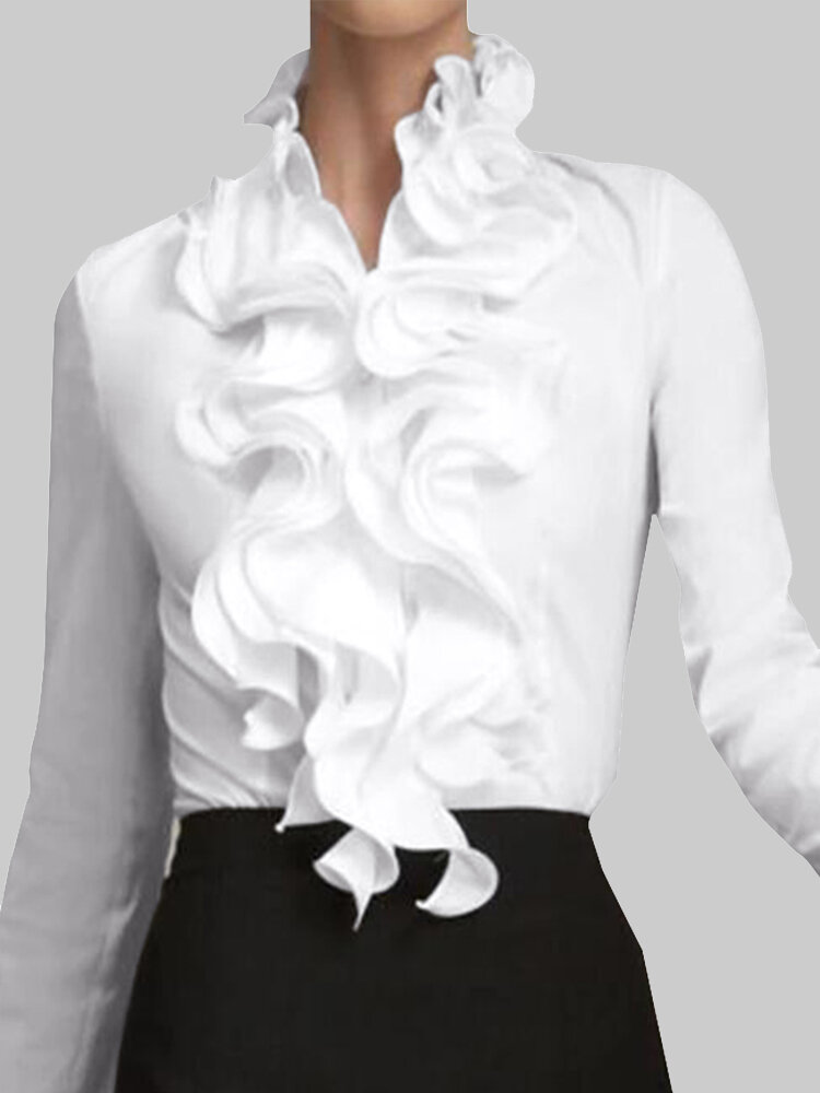 Women Ruffles Collar Solid Color Long Sleeve Wild Blouse