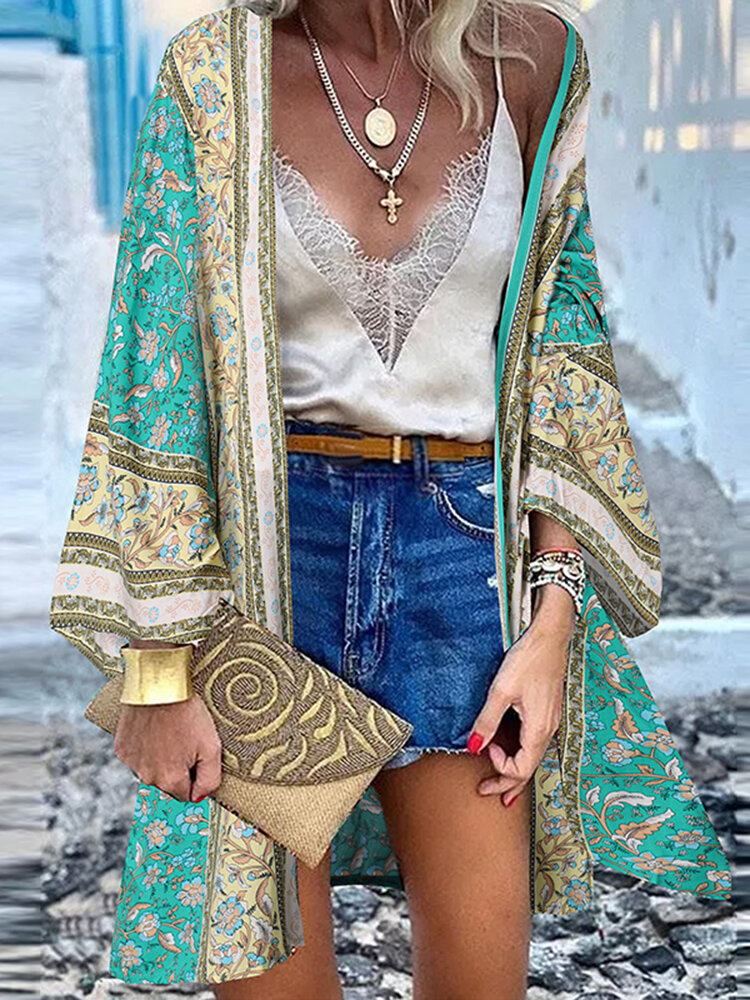 Floral Print Bohemian Open Front Long Sleeve Holiday Cardigan