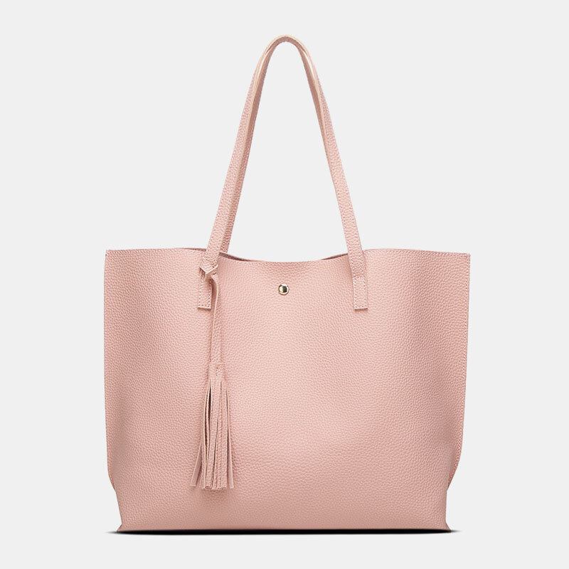

Women PU Leather Lychee Pattern Large Capacity Casual Tassel Solid Tote Shoulder Bag Handbag