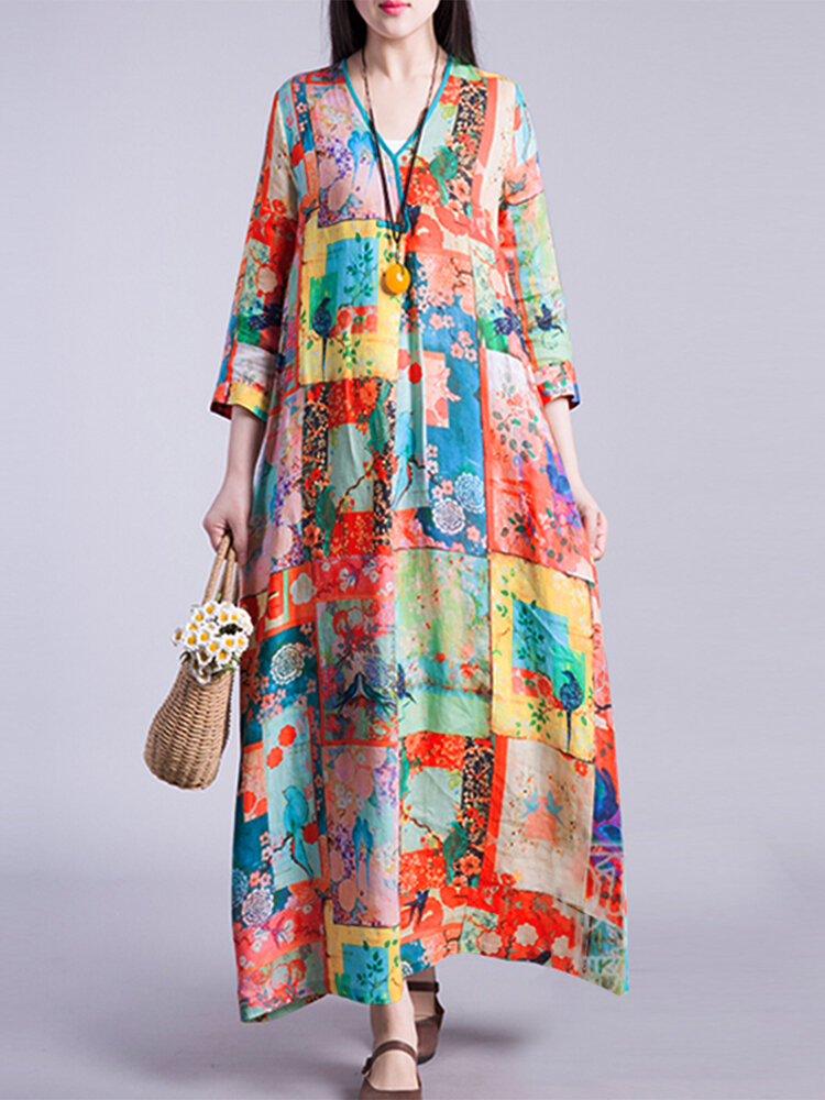 Dames Colorful Vintage maxi-jurk met print, lange mouwen en riem