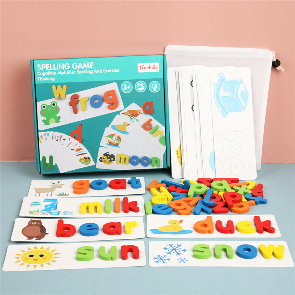 Wooden Alphabet Learning Cards Set Word Spelling Practice Game Educational Toy English Letters Spelling Stationery Supplies