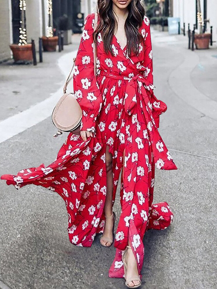 Women Floral Print V-Neck Lace-Up Side Split Long Sleeve Casual Maxi Dress