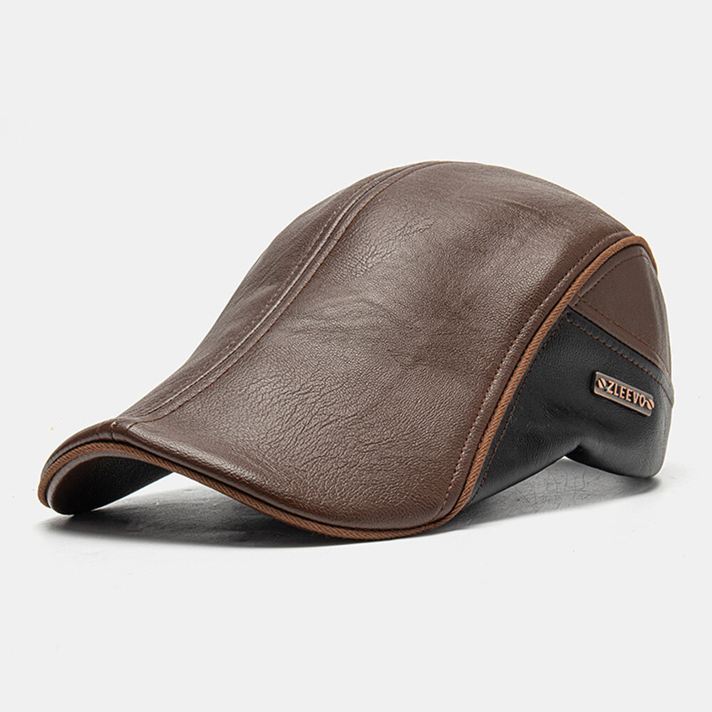 Men PU Leather Double Layer Adjustable Beret Cap Letter Label Wild Suncreen Newsboy Hat Driving Hunt