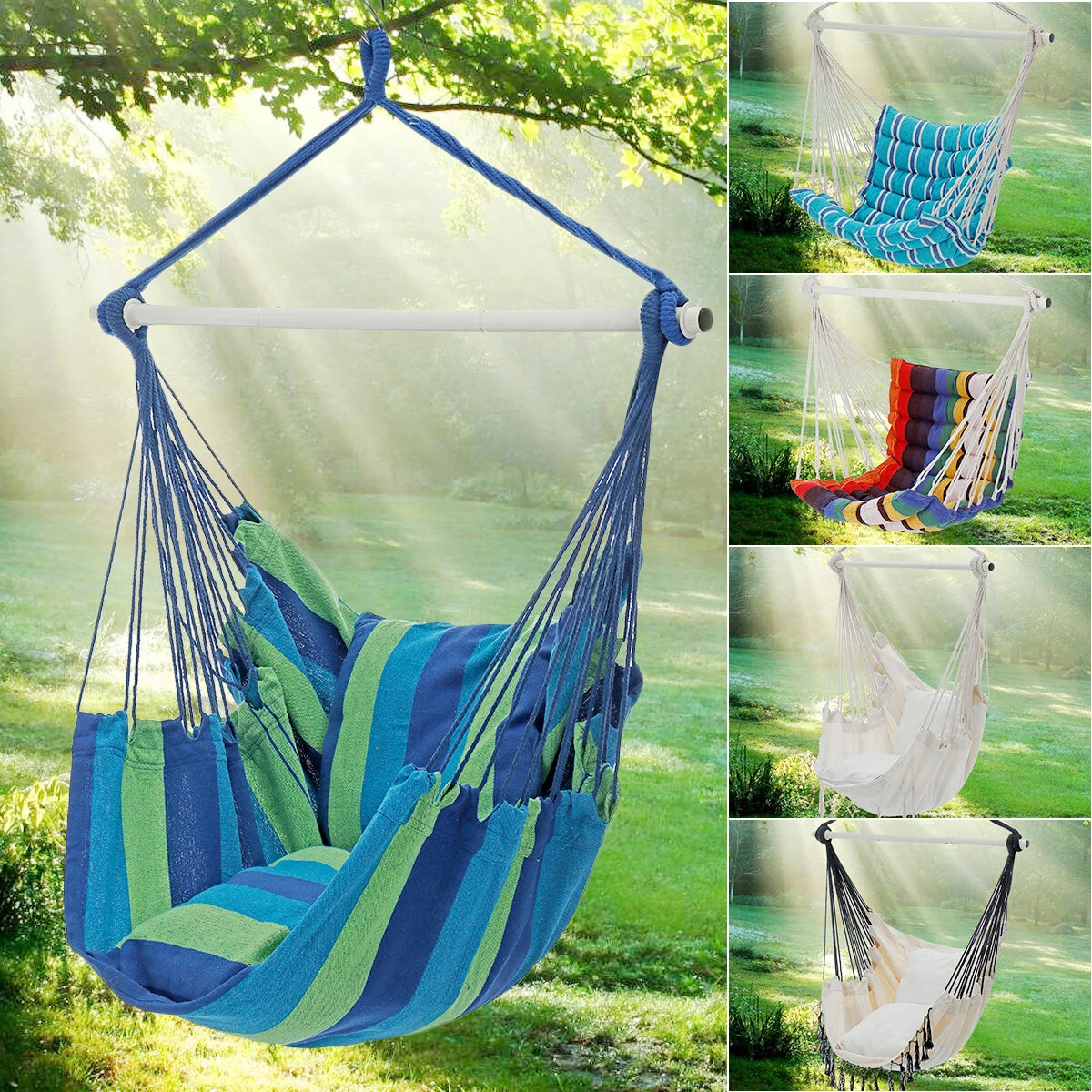 Hammock chair hanging rope swing maximum 500 pounds with 2 cushions and anti slip rings for any indoor or outdoor space