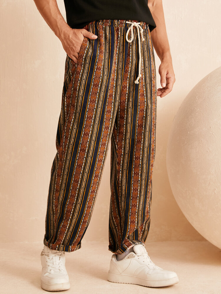 Heren etnische stijl gestreepte losse taille casual broek met trekkoord