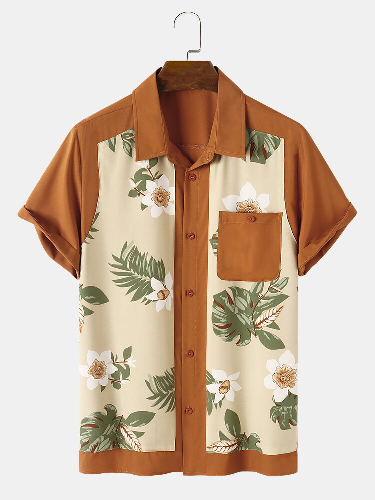 

Mens Tropical Plants Print Patchwork Holiday Short Sleeve Shirts With Pocket