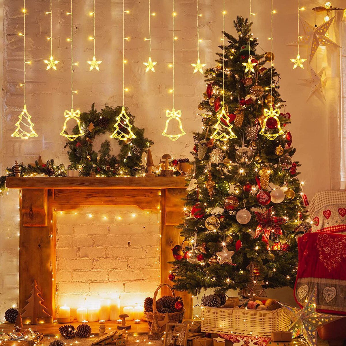 LED Kerst Gordijnverlichting Kerstman Sneeuwpop Elanden Bells Etalages 8-Functie LED Set Gordijnverl
