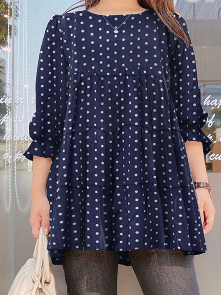 Women Puff Sleeve Daily O-Neck Spliced Dots Casual Loose Blouse