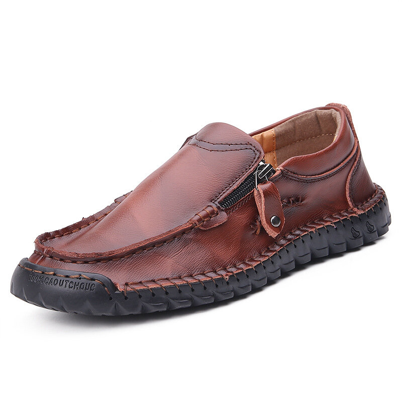 Men Hand Stitching Leather Soft Side Zipper Business Casual Slip On Flat Shoes
