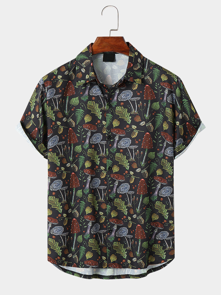 Mens Leaf Print Button Up Short Sleeve Shirts