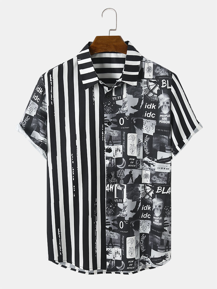 

Mens Striped Graphics Print Button Up Short Sleeve Shirts