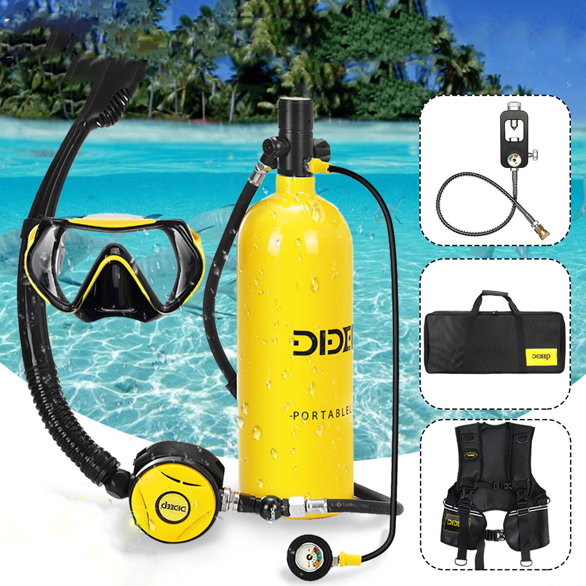 DIDEEP X5000 Plus+ 2L Scuba Diving Tank Air Snorkeling Oxygen Cylinder Underwater Equipment with Vest Bag Adapter Glasse