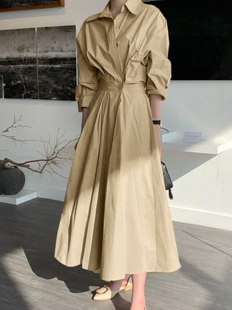 Dames Effen kleur passend geplooid gesplitste knopen volledige mouw kuitlengte midi-jurken
