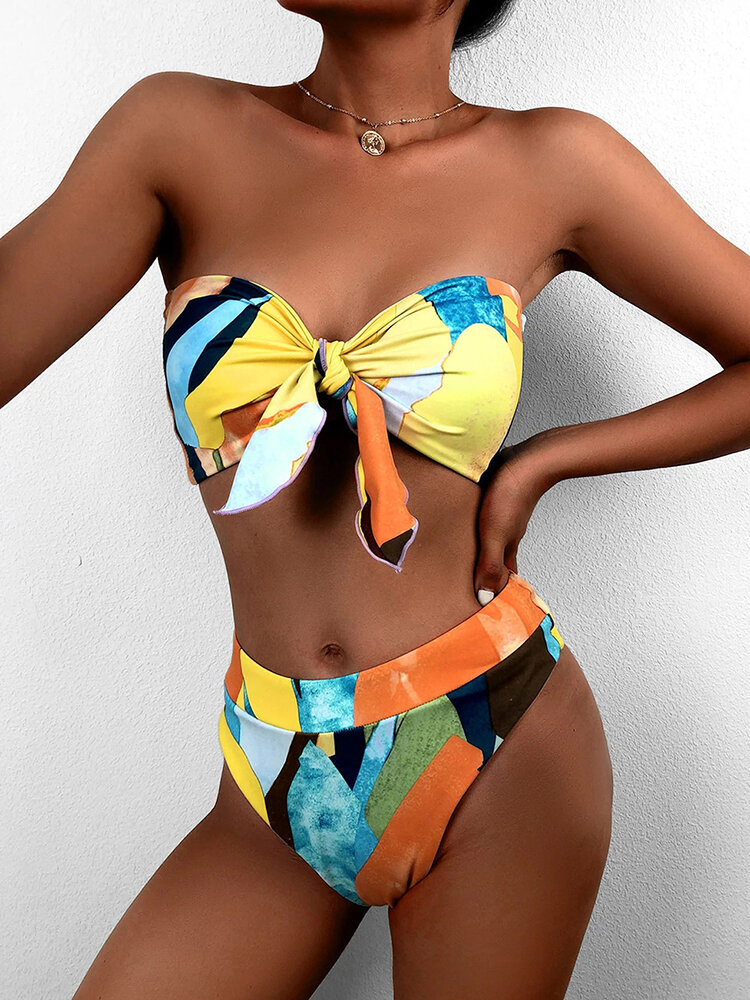 Women Colorful Print Tie Front Bandeau Strapless Bikinis With Thong