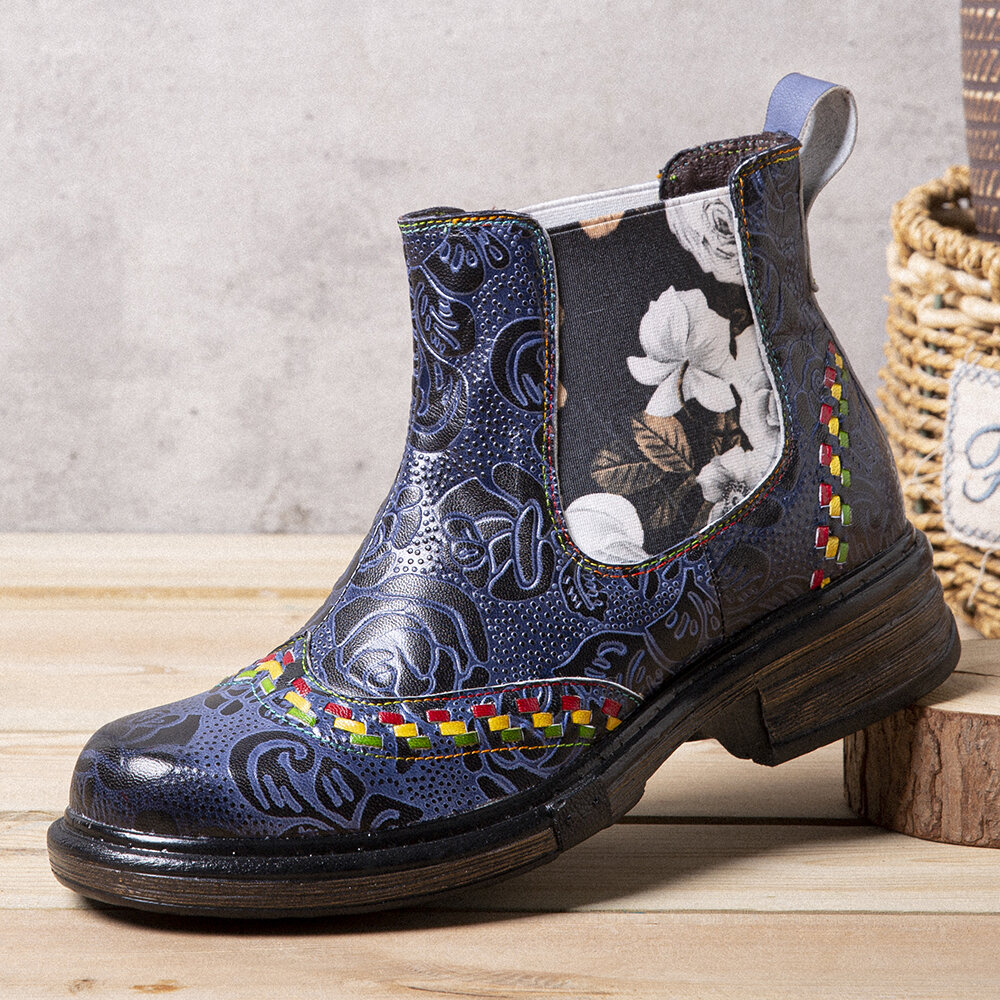 SOCOFY Women Leather Retro Floral Embossing Patchwork Stitching Ankle Boots