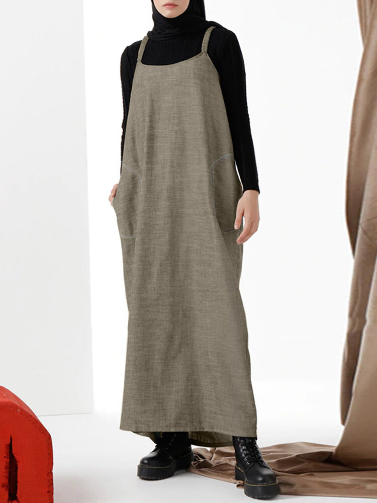 

Women Vintage Solid Color Elastic Straps Side Pockets Casual Maxi Dress