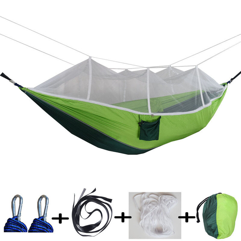 260x140cmのダブル人用蚊帳付きハンモック、キャンプや庭での使用に最適、最大荷重300kg。